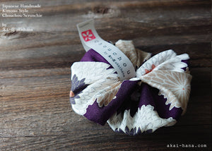 Japanese Handmade Kimono style Scrunchies, Chrysanthemum Purple, scjf0010
