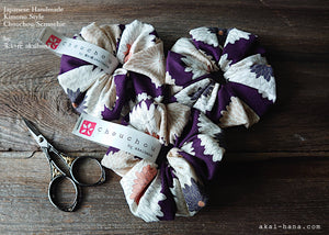 Japanese Handmade Kimono style Scrunchies, Chrysanthemum Purple, scjf0010