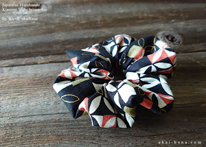 Japanese Handmade Kimono style Scrunchies, Henkei Ichimatsu Monyou Black, scjf0027