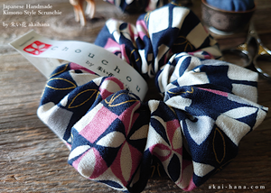 Japanese Handmade Kimono style Scrunchies, Henkei Ichimatsu Monyou Navy, scjf0028