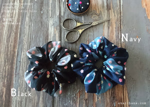 Japanese Handmade Kimono style Scrunchies, Konpeitō (confeito) Black, scjf0030