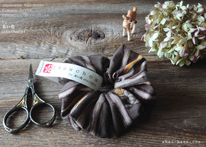 Handmade Kimono style Scrunchies, Kawarijima Gray, 100% Japanese cotton