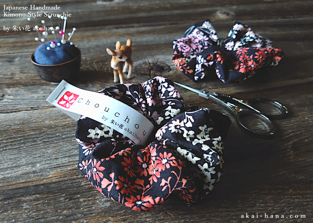 Handmade Kimono style Scrunchies, Kusabana Monyou Black, 100% Japanese cotton, scjf0034