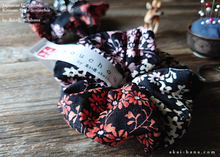 Load image into Gallery viewer, Handmade Kimono style Scrunchies, Kusabana Monyou Black, 100% Japanese cotton, scjf0034
