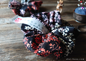 Handmade Kimono style Scrunchies, Kusabana Monyou Black, 100% Japanese cotton, scjf0034