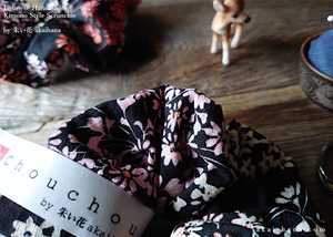 Handmade Kimono style Scrunchies, Kusabana Monyou Black, 100% Japanese cotton, scjf0034