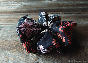 Handmade Kimono style Scrunchies, Kusabana Monyou Black, 100% Japanese cotton, scjf0034