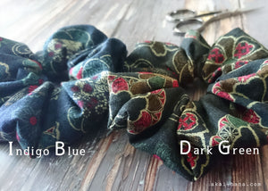 Japanese Handmade Kimono style Scrunchies, Vintage Floral, Dark Green, scjf0046