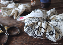 Load image into Gallery viewer, Japanese Handmade Chouchou/Scrunchies, Line Drawing Floral, Black x Ivory, scjf0050
