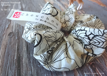 Load image into Gallery viewer, Japanese Handmade Chouchou/Scrunchies, Line Drawing Floral, Black x Ivory, scjf0050
