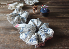 Load image into Gallery viewer, Japanese Handmade Scrunchies, Line Drawing Floral, Navy x White, scjf0051
