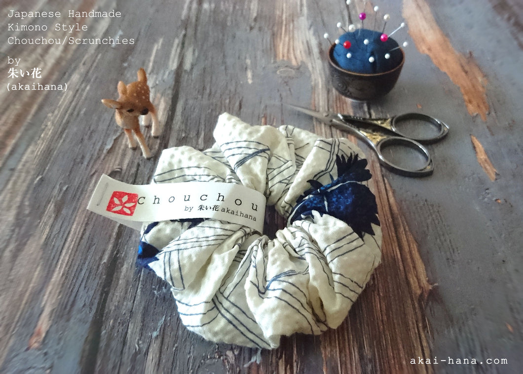 Japanese Handmade Kimono style Scrunchies, Shiro Nadeshiko, White Dianthus, scjf0067