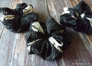 Japanese Handmade Kimono style Scrunchies, Kuro Nadeshiko, Black Dianthus, scjf0068