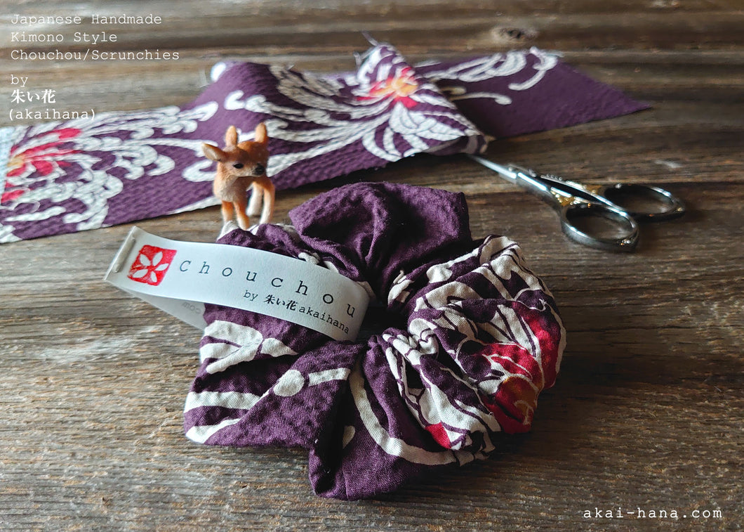 Japanese Handmade Kimono style Scrunchies, Chrysanthemum Azuki Purple, scjf0071