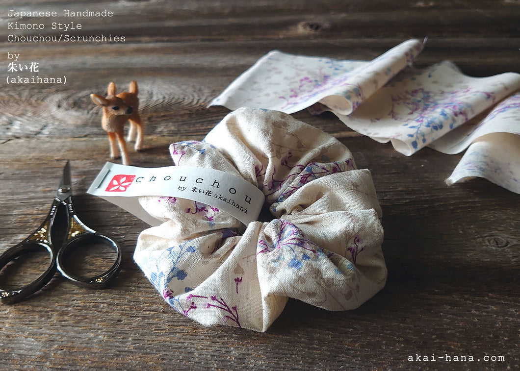 Japanese Handmade Cotton Linen Scrunchies, Flower Bouquet, Ivory