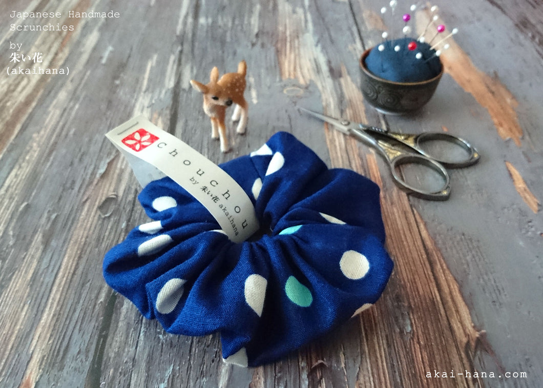 Japanese Handmade Double Gauze Scrunchies, Soda Dots Blue, scjf0082