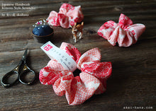 Load image into Gallery viewer, Japanese Handmade Kimono Style Scrunchie, Red and Pink Floral Chirimen
