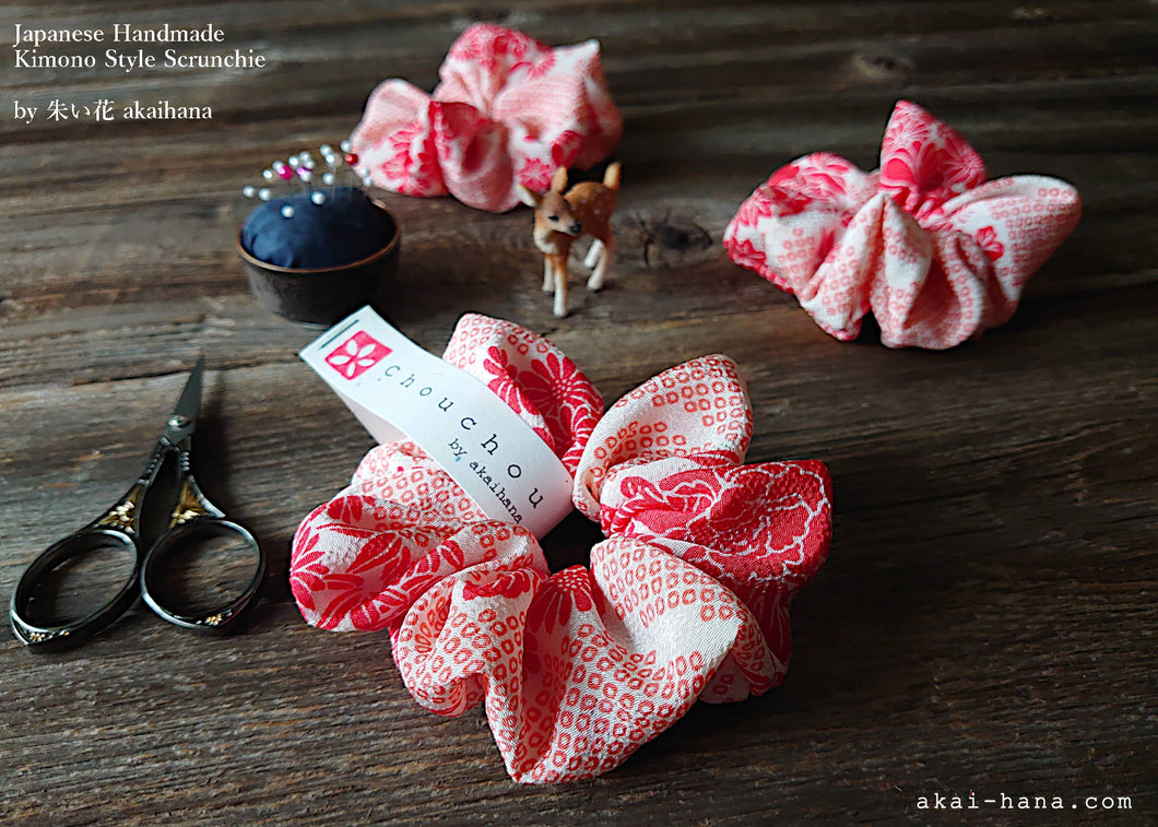 Japanese Handmade Kimono Style Scrunchie, Red and Pink Floral Chirimen