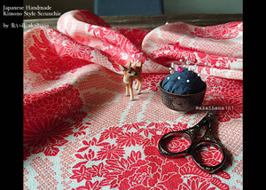 Japanese Handmade Kimono Style Scrunchie, Red and Pink Floral Chirimen