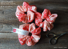Load image into Gallery viewer, Japanese Handmade Kimono Style Scrunchie, Red and Pink Floral Chirimen
