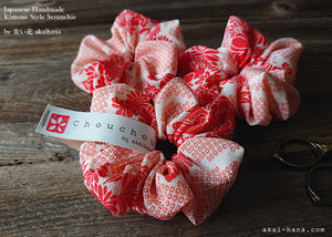 Japanese Handmade Kimono Style Scrunchie, Red and Pink Floral Chirimen