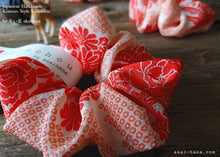 Load image into Gallery viewer, Japanese Handmade Kimono Style Scrunchie, Red and Pink Floral Chirimen
