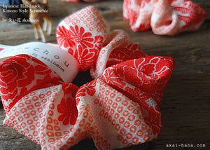 Japanese Handmade Kimono Style Scrunchie, Red and Pink Floral Chirimen