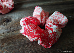 Japanese Handmade Kimono Style Scrunchie, Red and Pink Floral Chirimen