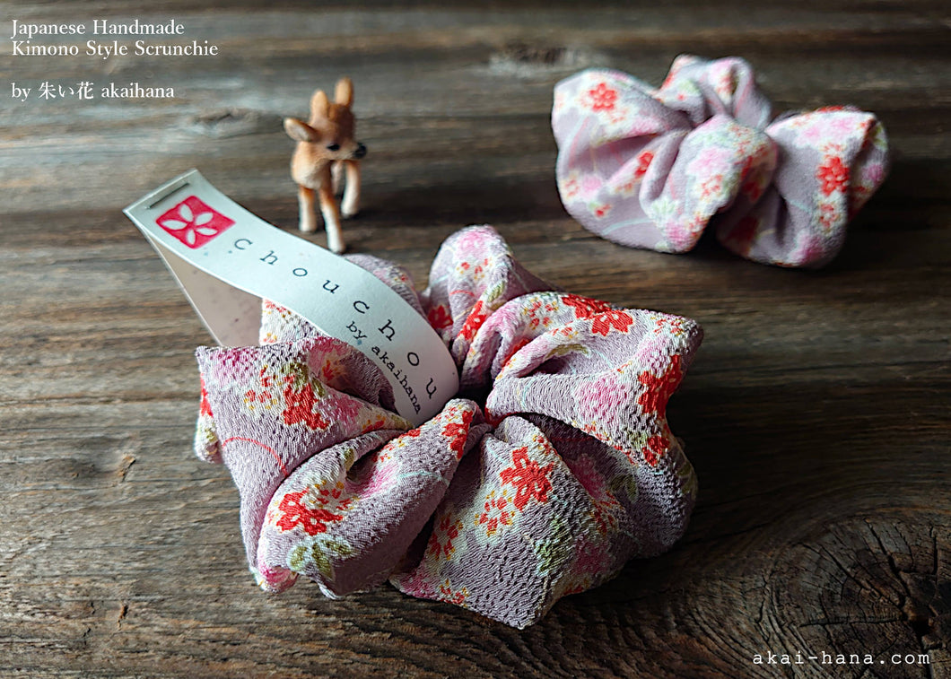 Japanese Handmade Kimono Style Scrunchie, Sakura Chirimen Gray