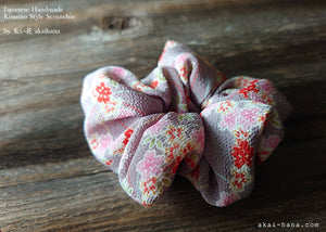 Japanese Handmade Kimono Style Scrunchie, Sakura Chirimen Gray