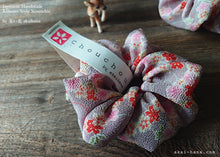 Load image into Gallery viewer, Japanese Handmade Kimono Style Scrunchie, Sakura Chirimen Gray
