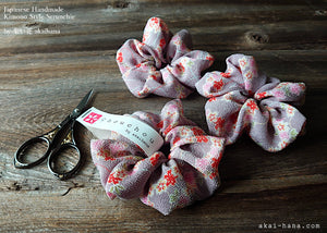 Japanese Handmade Kimono Style Scrunchie, Sakura Chirimen Gray