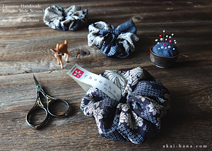 Japanese Handmade Kimono Style Scrunchie, Dark Blue Floral Chirimen scjf0100