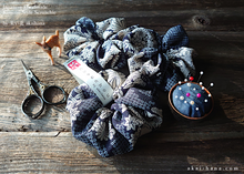 Load image into Gallery viewer, Japanese Handmade Kimono Style Scrunchie, Dark Blue Floral Chirimen scjf0100
