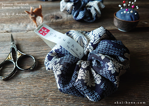 Japanese Handmade Kimono Style Scrunchie, Dark Blue Floral Chirimen scjf0100