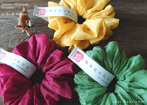 Japanese Handmade Cotton Organdy Scrunchies, Raspberry, Green or Yellow scjf0101-3