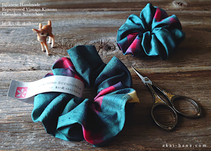 Vintage Kimono Scrunchies, Dark Blue Green x Red, Japanese Handmade scvk0011