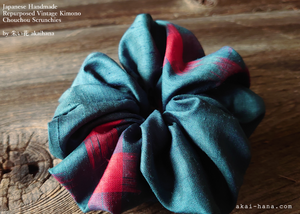 Vintage Kimono Scrunchies, Dark Blue Green x Red, Japanese Handmade scvk0011