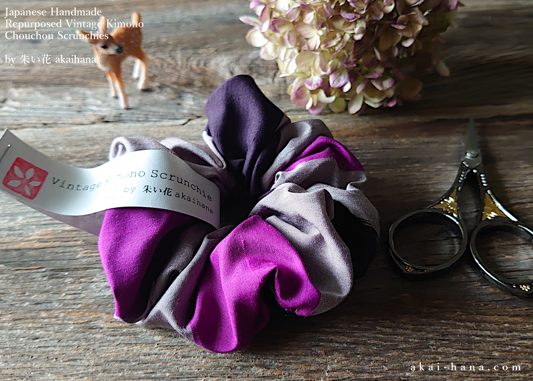 Vintage Kimono Scrunchies, Purple x Gray, Japanese Handmade scvk0012