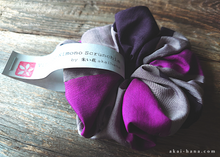 Load image into Gallery viewer, Vintage Kimono Scrunchies, Purple x Gray, Japanese Handmade scvk0012
