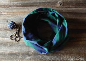 Japanese Handmade Infinity Scarf, Cotton Double Gauze, Polkadots Smoky Blue Gray x Forest Green