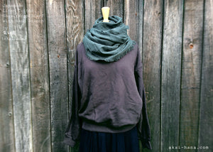 Japanese Linen & Cotton Wrap Scarf with Kakishibu-Stitch, Mushi Ao, Greenish Gray