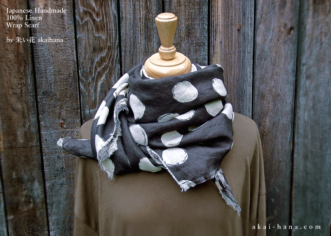 Japanese Handmade Linen Wrap Scarf, Bruch Painted Dots, Black x Ecru, 100% Linen