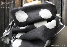 Load image into Gallery viewer, Japanese Handmade Linen Wrap Scarf, Bruch Painted Dots, Black x Ecru, 100% Linen
