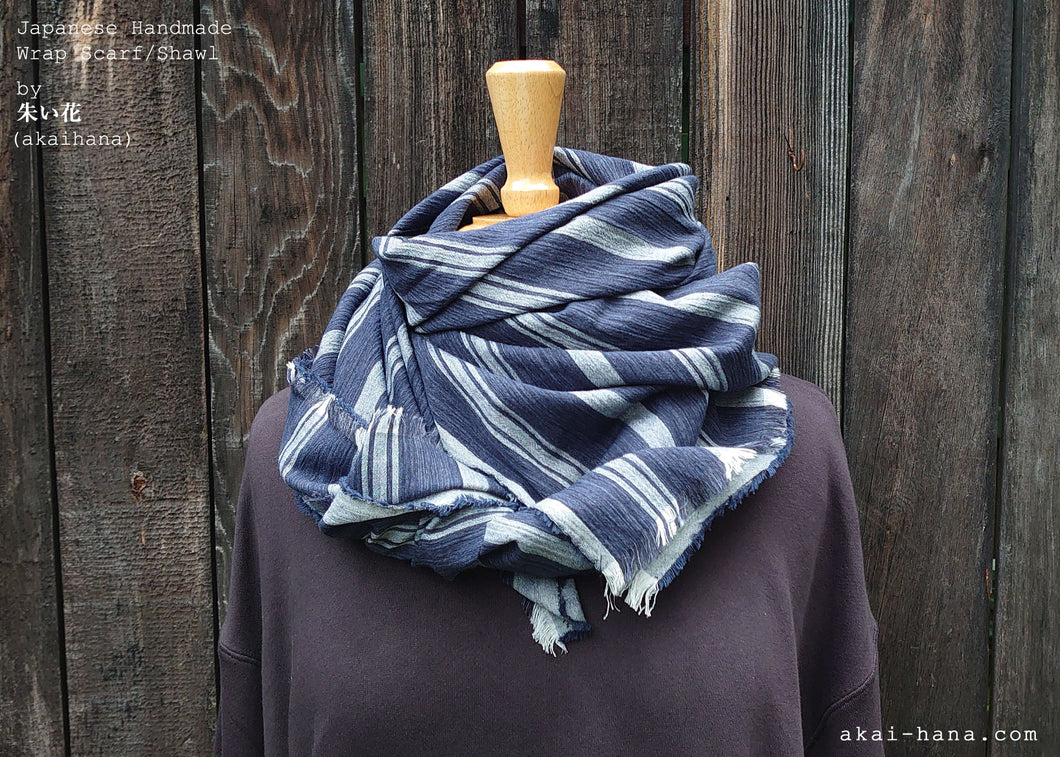 Japanese Yo-Ryu Wrap Scarf, Navy Stripes, Cotton & Linen Crape