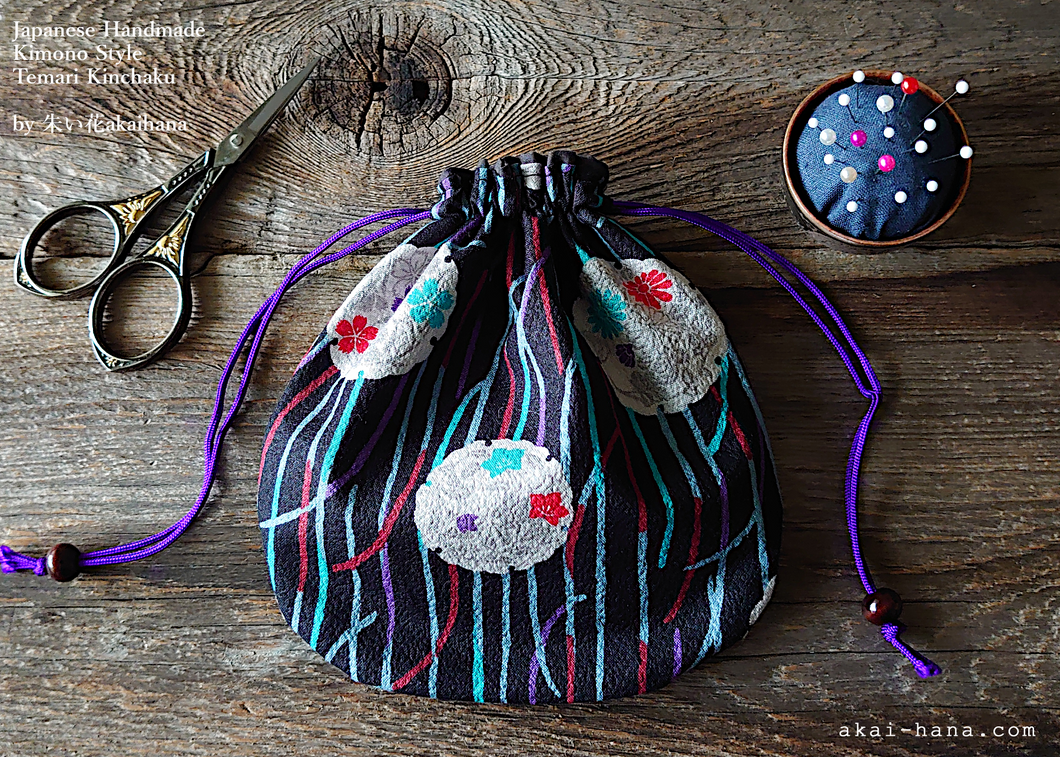 Japanese Handmade Temari Kinchaku Purse, Flower Balls Black, tkjp0006