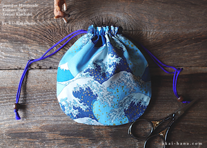 Japanese Handmade Temari Kinchaku Purse, Nami to Fujisan (Wave and Mt Fuji) ⦿tkjp0009