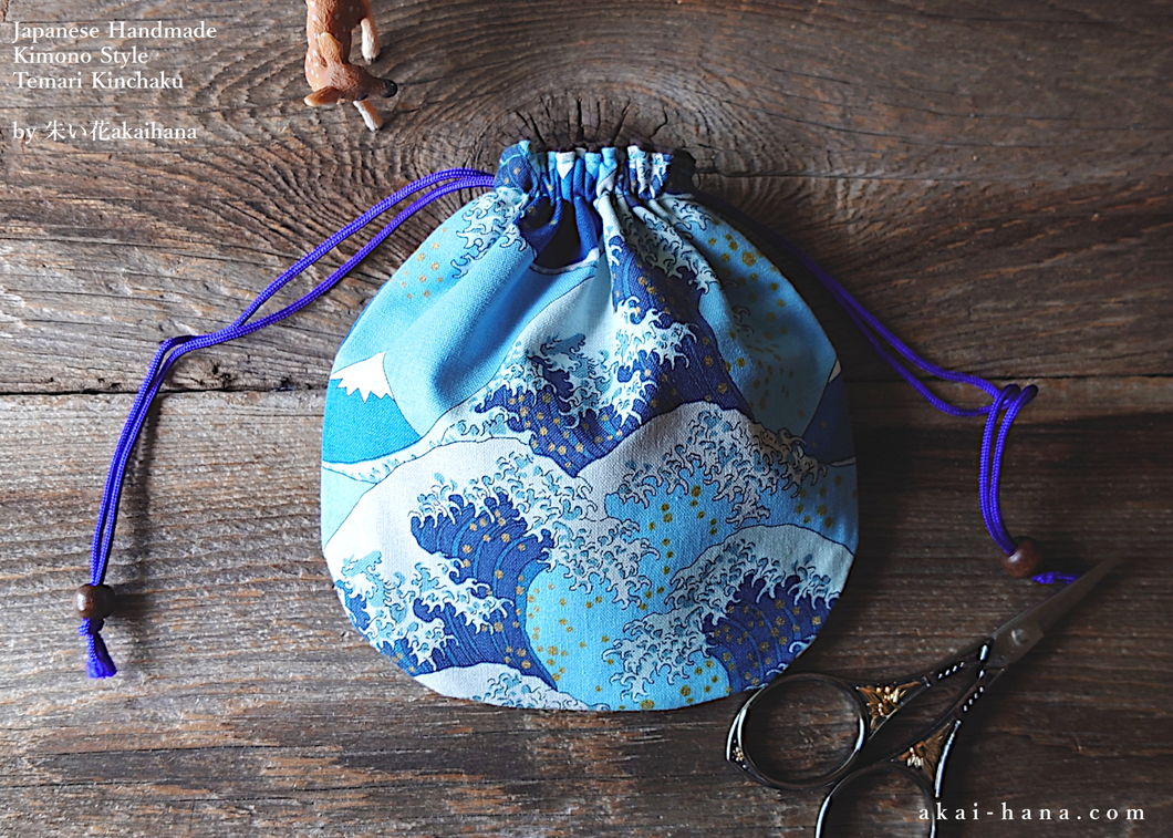 Japanese Handmade Temari Kinchaku Purse, Nami to Fujisan (Wave and Mt Fuji) ⦿tkjp0009