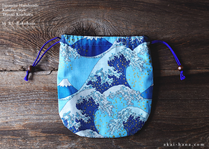 Japanese Handmade Temari Kinchaku Purse, Nami to Fujisan (Wave and Mt Fuji) ⦿tkjp0009
