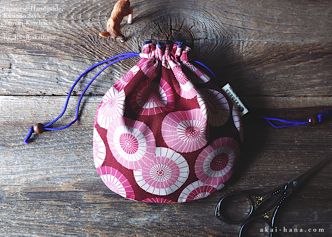 Japanese Handmade Temari Kinchaku Purse, Wagasa (Japanese Umbrella) ⦿tkjp0011